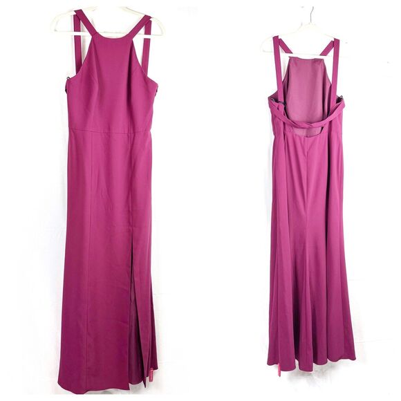 DESSY COLLECTION Cutaway Shoulder Crepe Column Gown Halter Criss Cross Back 14 - Picture 2 of 9